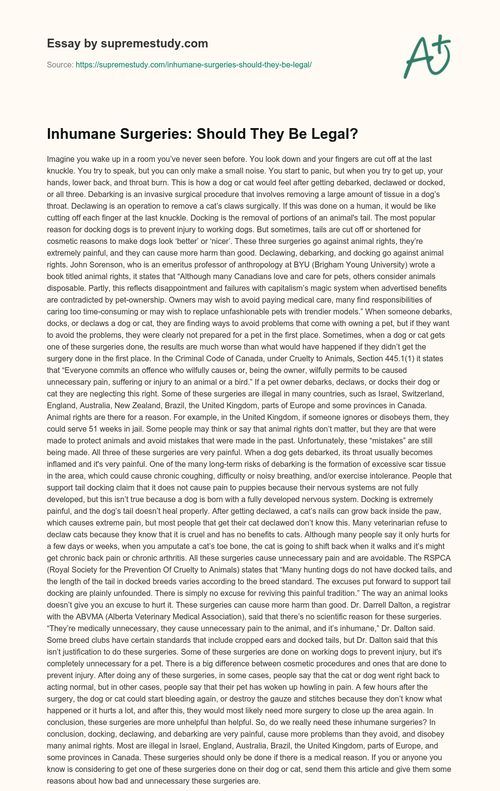 Inhumane Surgeries: Should They Be Legal? essay