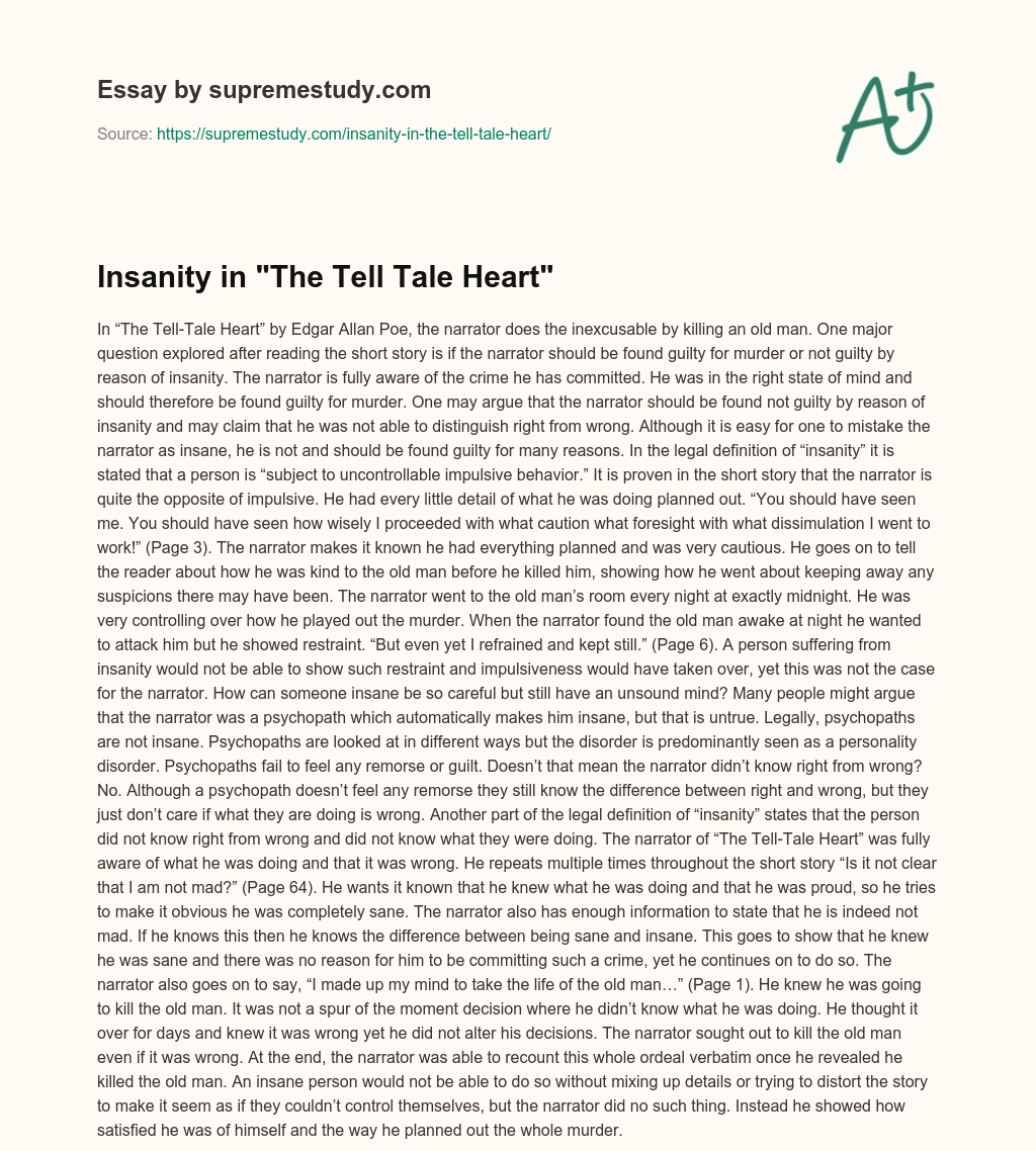 Insanity in “The Tell Tale Heart” essay