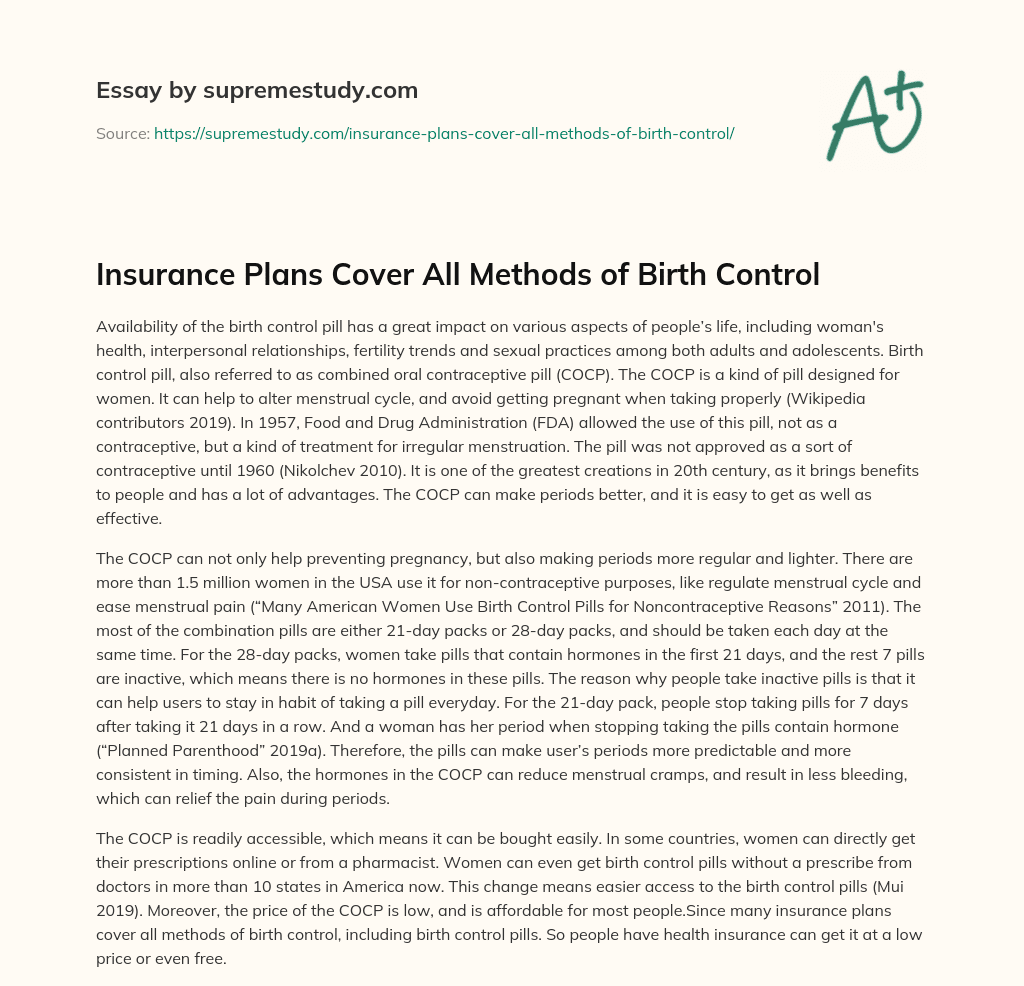Insurance Plans Cover All Methods of Birth Control essay