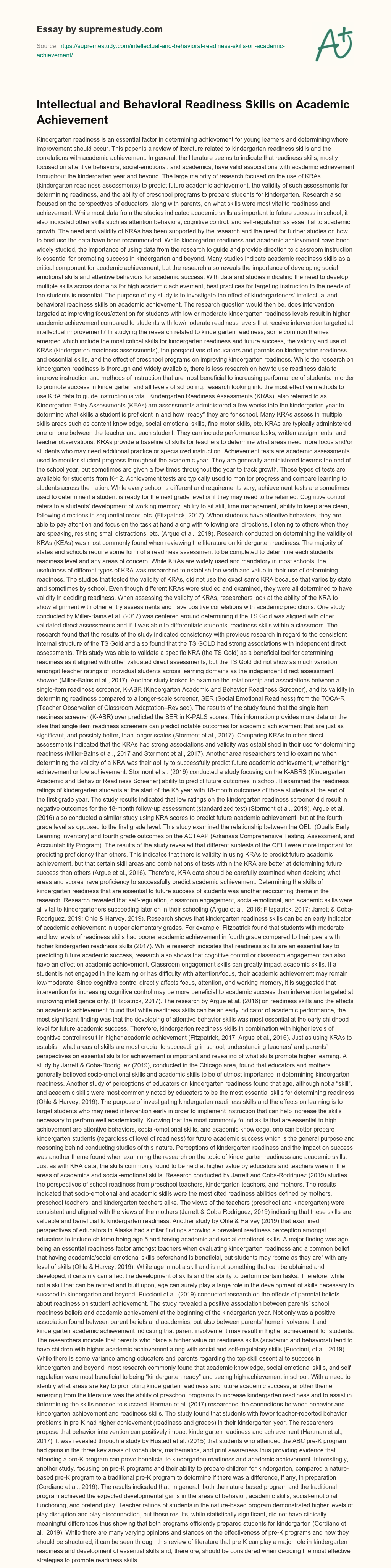 Intellectual and Behavioral Readiness Skills on Academic Achievement essay