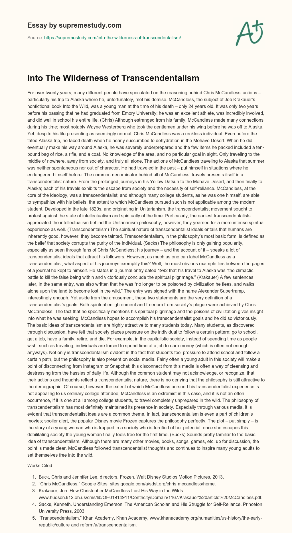 Into The Wilderness of Transcendentalism essay