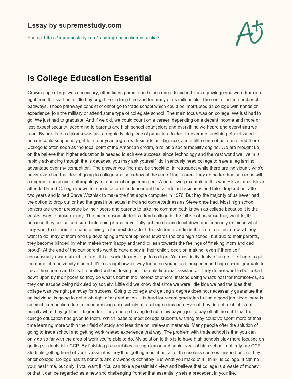 Is College Education Essential essay
