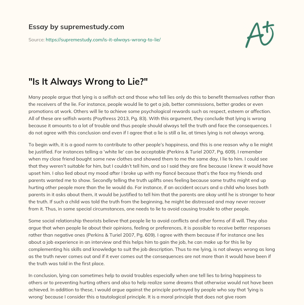“Is It Always Wrong to Lie?” essay