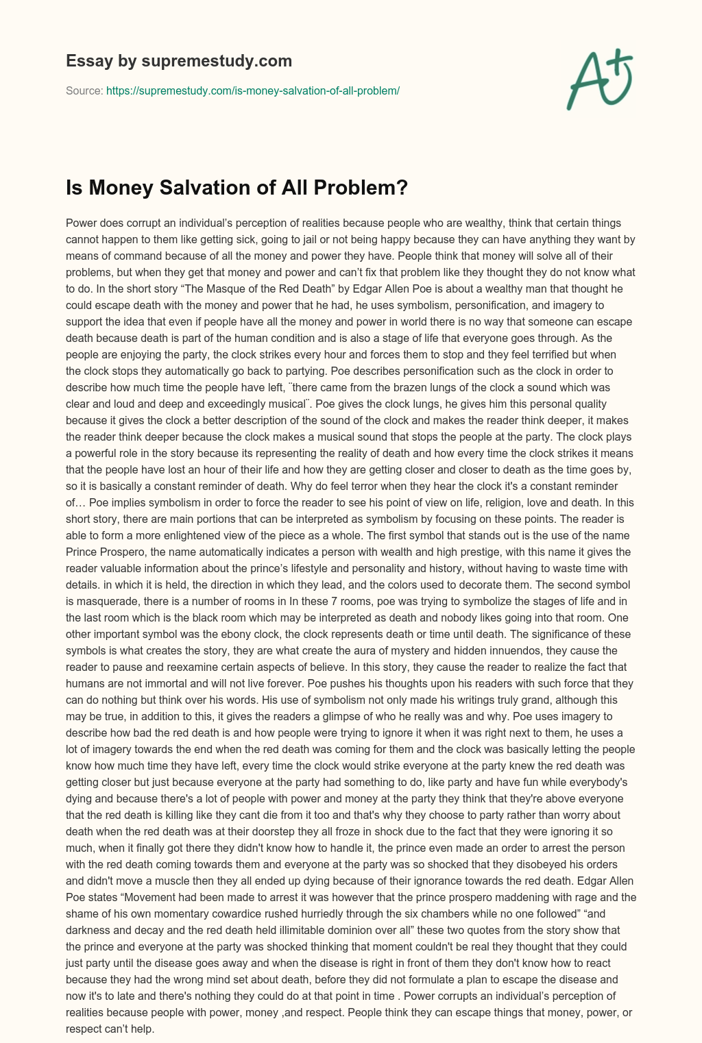 Is Money Salvation of All Problem? essay