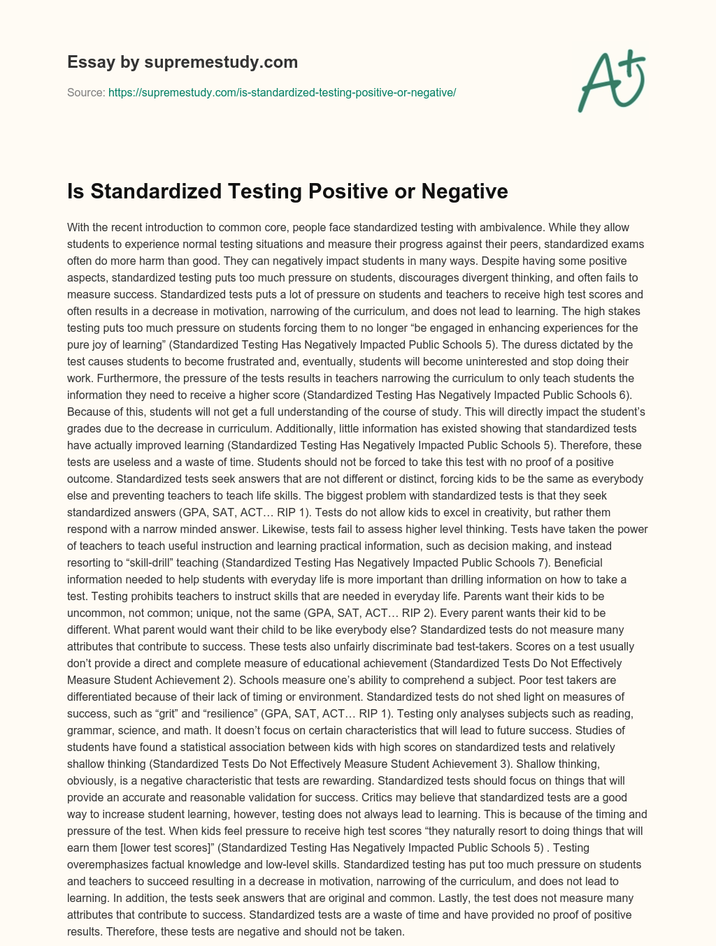 Is Standardized Testing Positive or Negative essay