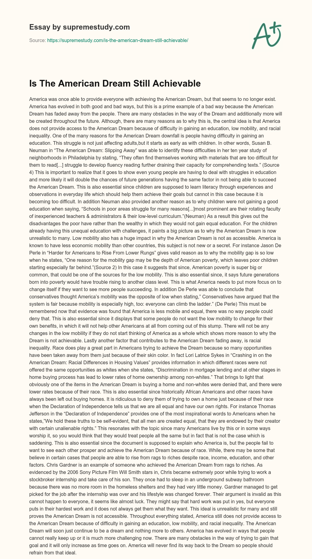 Is The American Dream Still Achievable essay