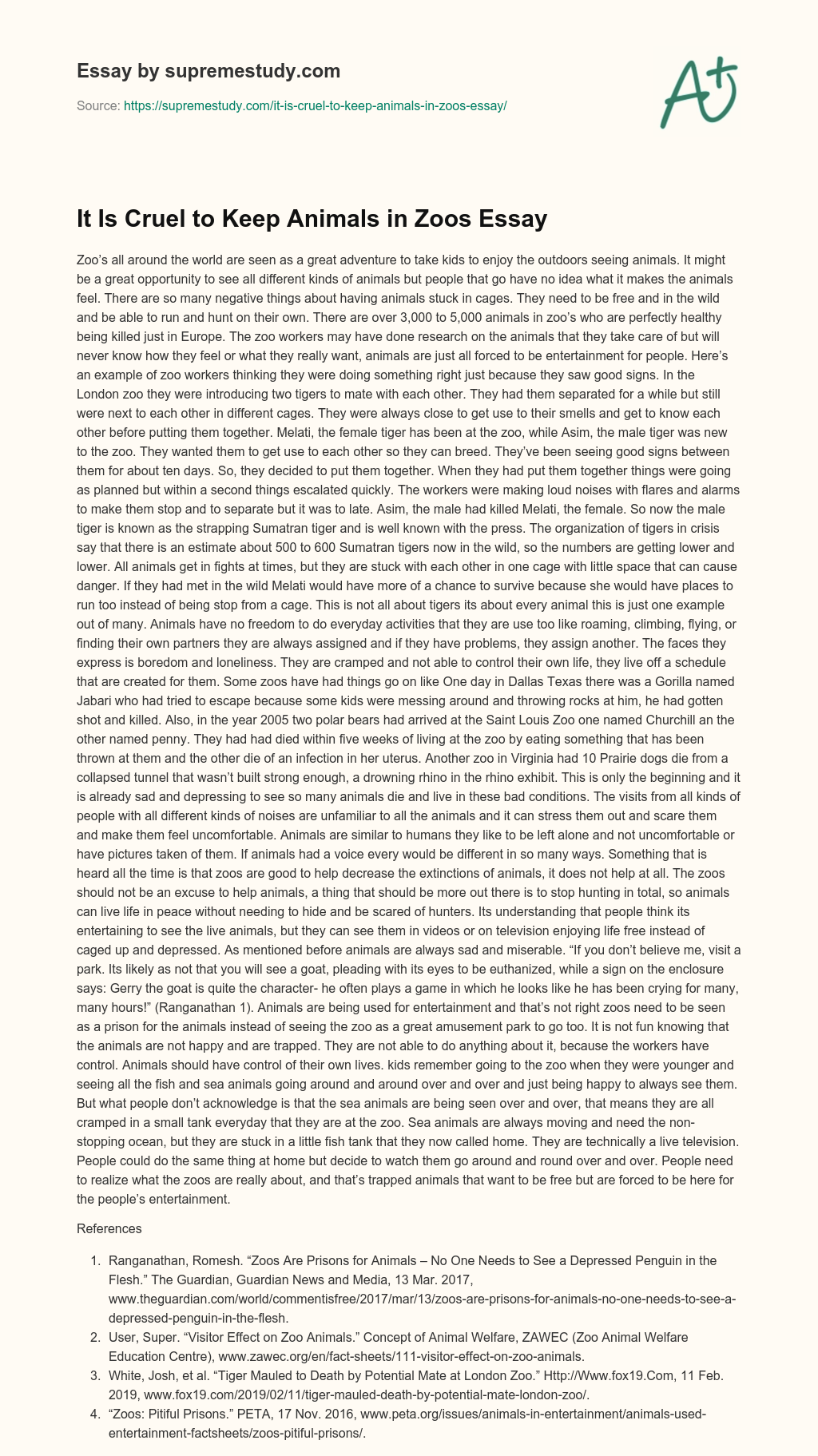 It Is Cruel to Keep Animals in Zoos Essay essay