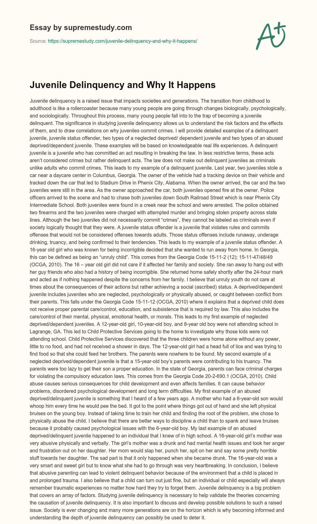 Juvenile Delinquency and Why It Happens essay