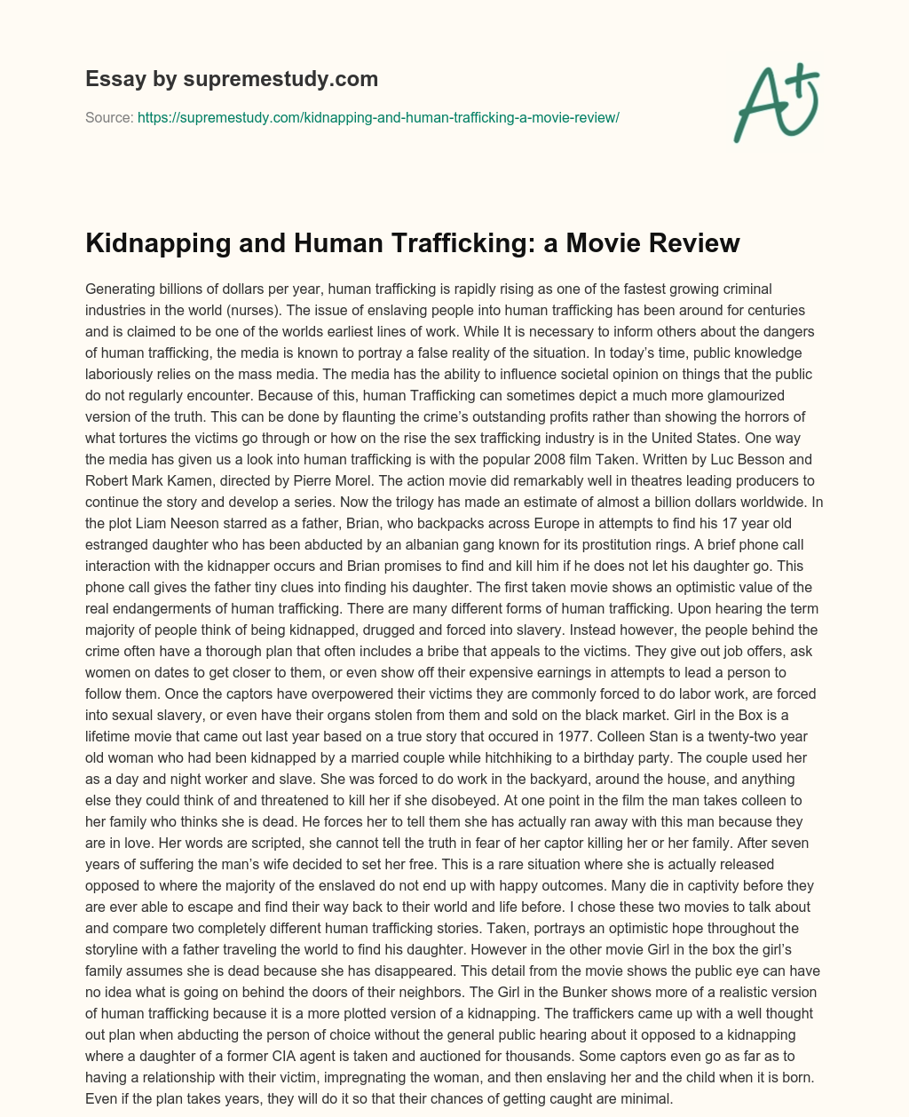 Kidnapping and Human Trafficking: a Movie Review essay