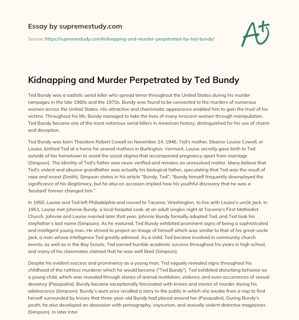 Kidnapping and Murder Perpetrated by Ted Bundy essay
