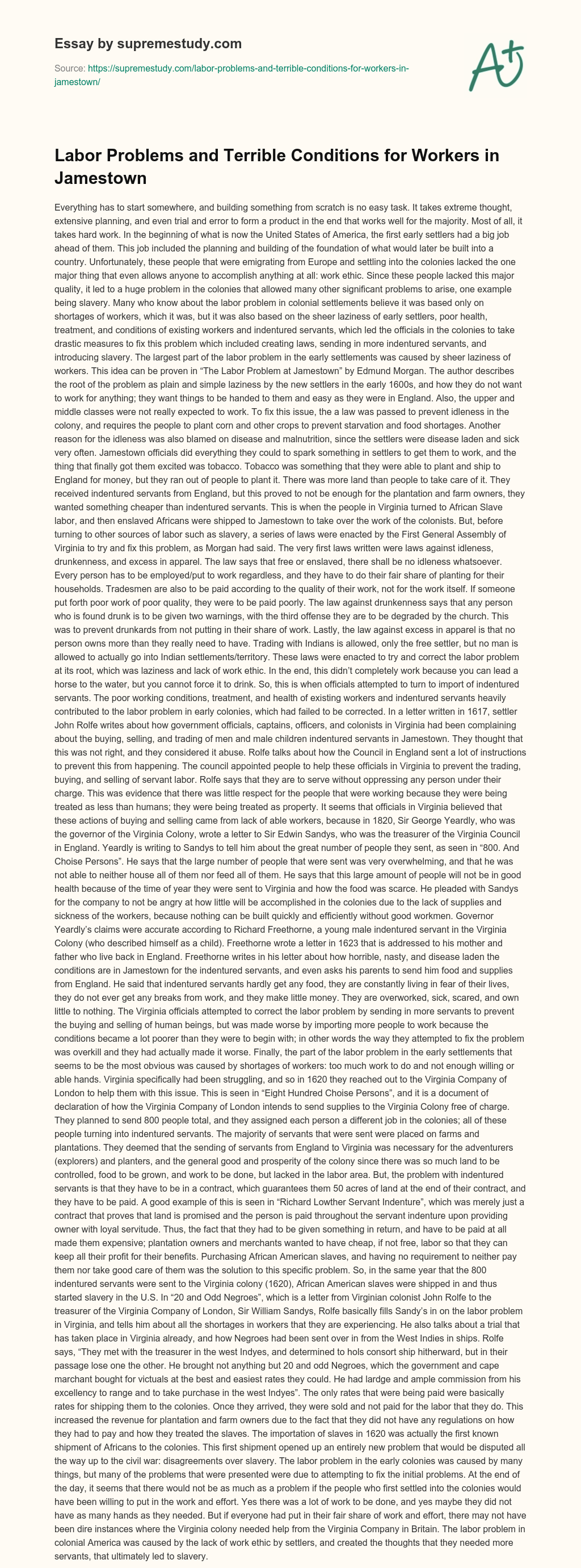 Labor Problems and Terrible Conditions for Workers in Jamestown essay