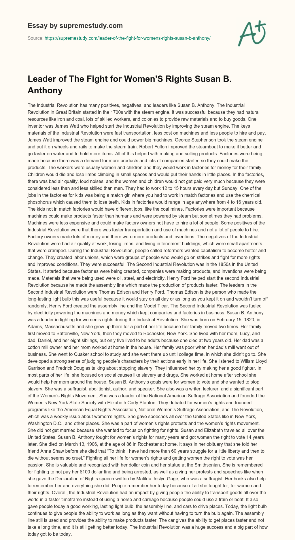 Leader of The Fight for Women’S Rights Susan B. Anthony essay