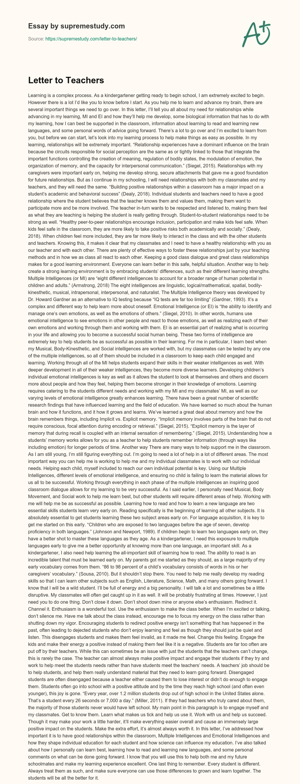 Letter to Teachers essay