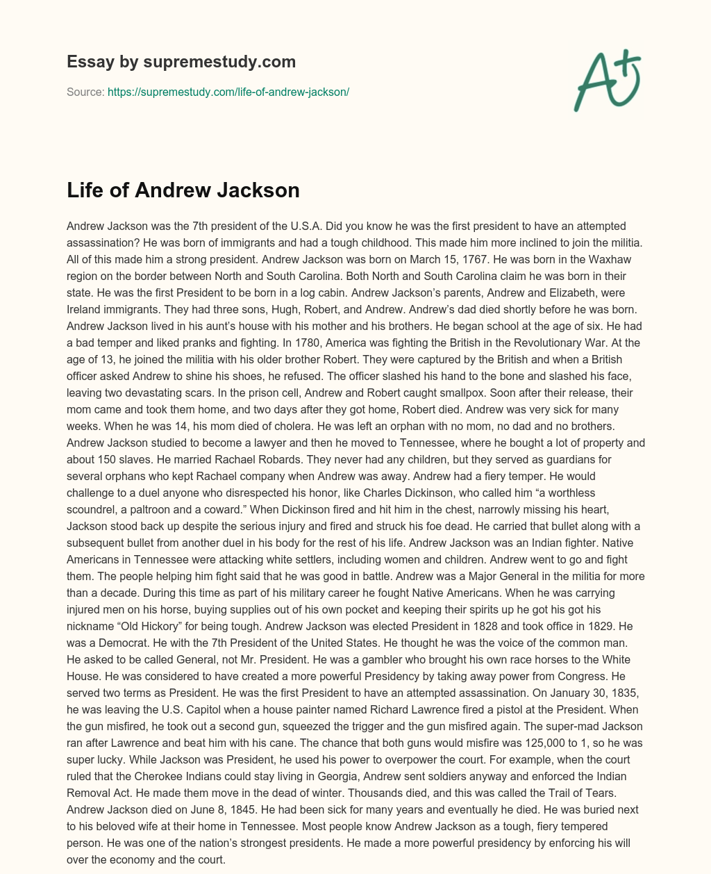 Life of Andrew Jackson essay