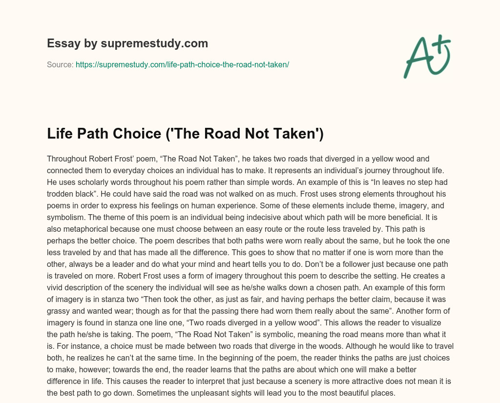 Life Path Choice (‘The Road Not Taken’) essay
