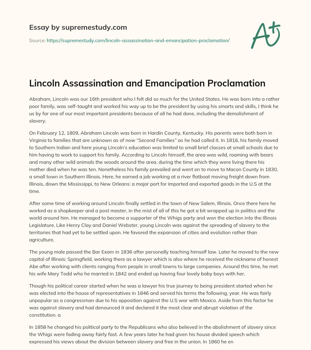 Lincoln Assassination and Emancipation Proclamation essay