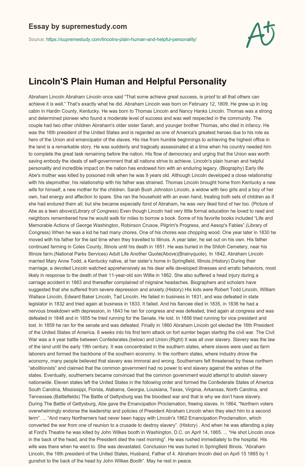 Lincoln’S Plain Human and Helpful Personality essay