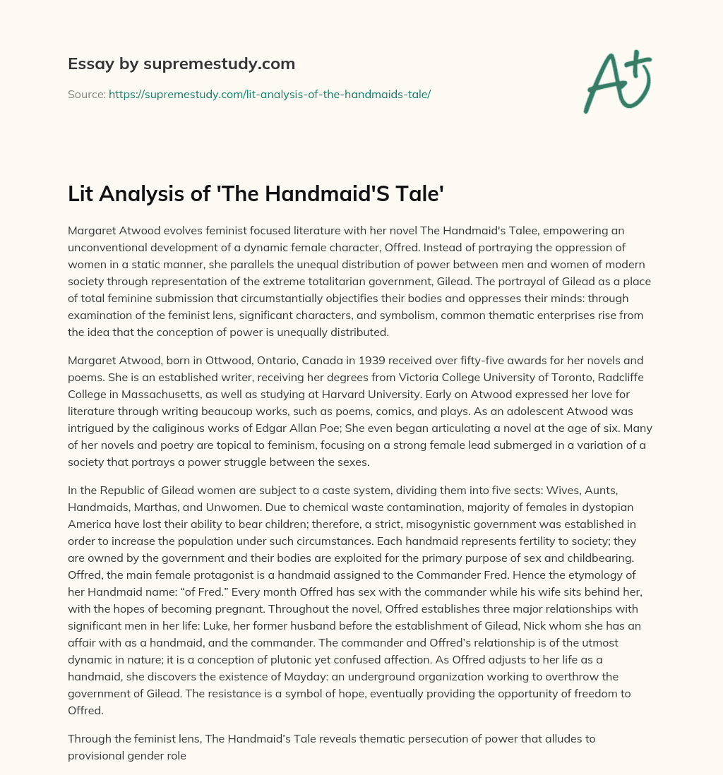 Lit Analysis of ‘The Handmaid’S Tale’ essay