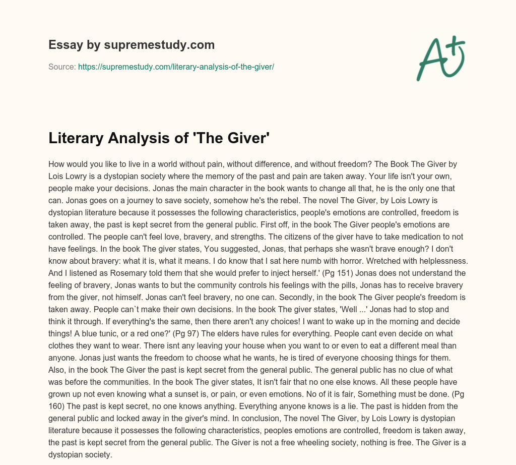 Literary Analysis of ‘The Giver’ essay