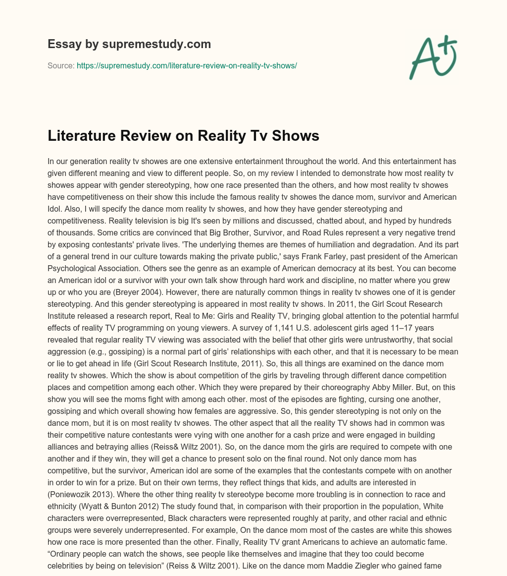 Literature Review on Reality Tv Shows essay