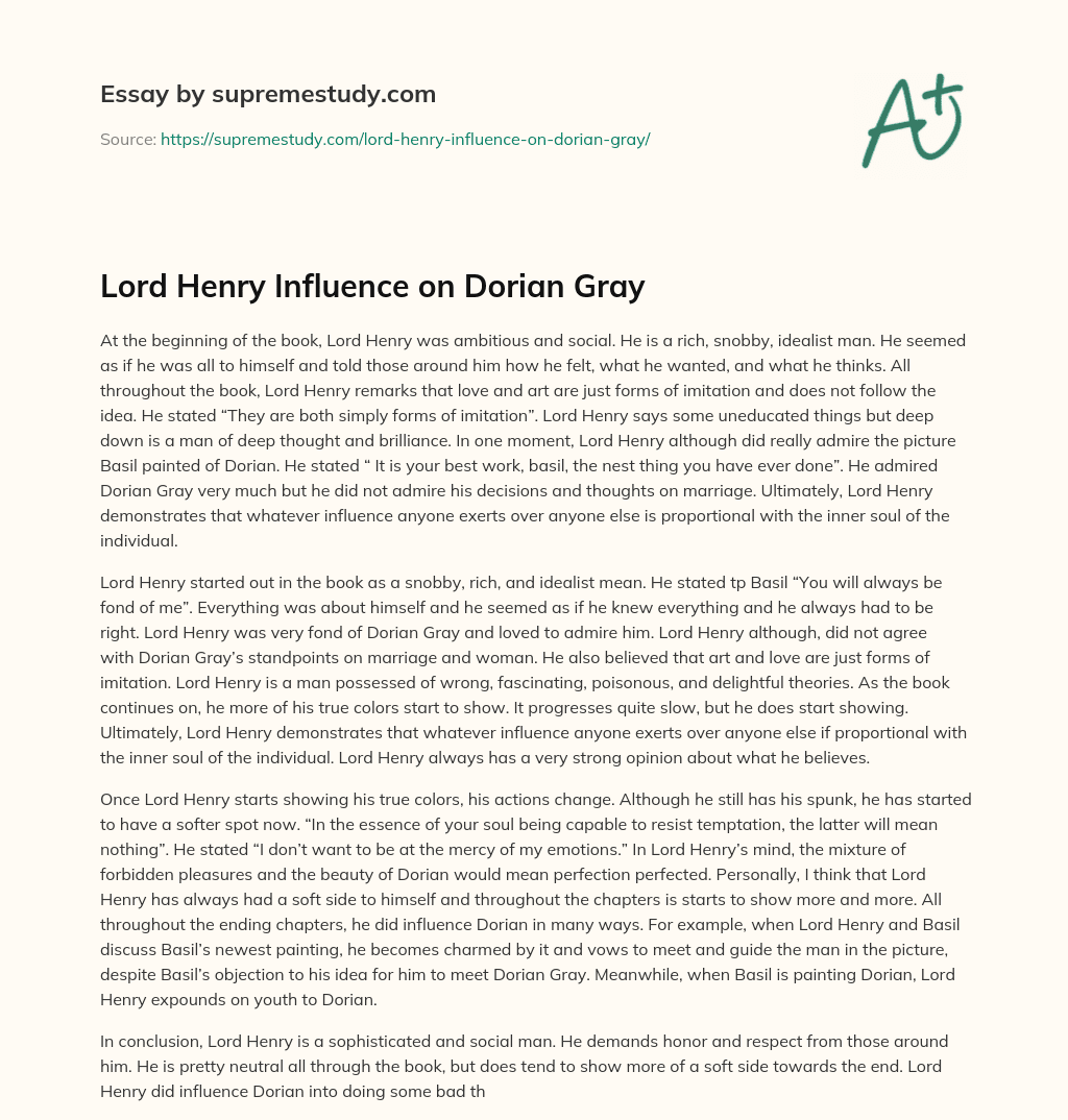 lord henry's influence on dorian gray essay