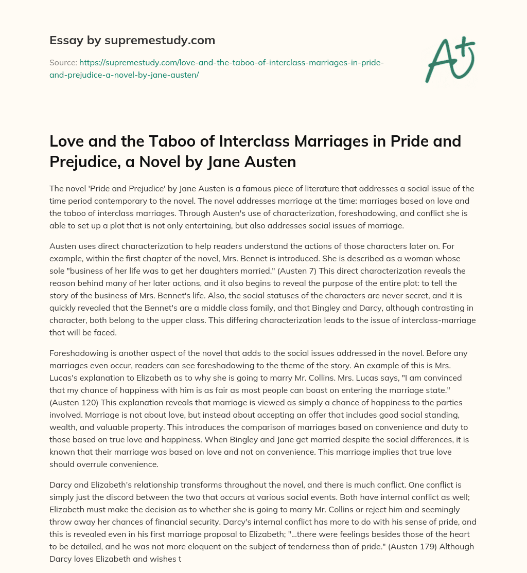 Love and the Taboo of Interclass Marriages in Pride and Prejudice, a Novel by Jane Austen essay