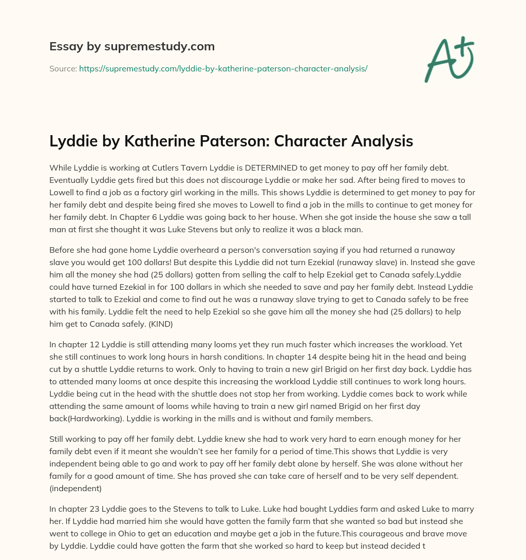 Lyddie by Katherine Paterson: Character Analysis essay