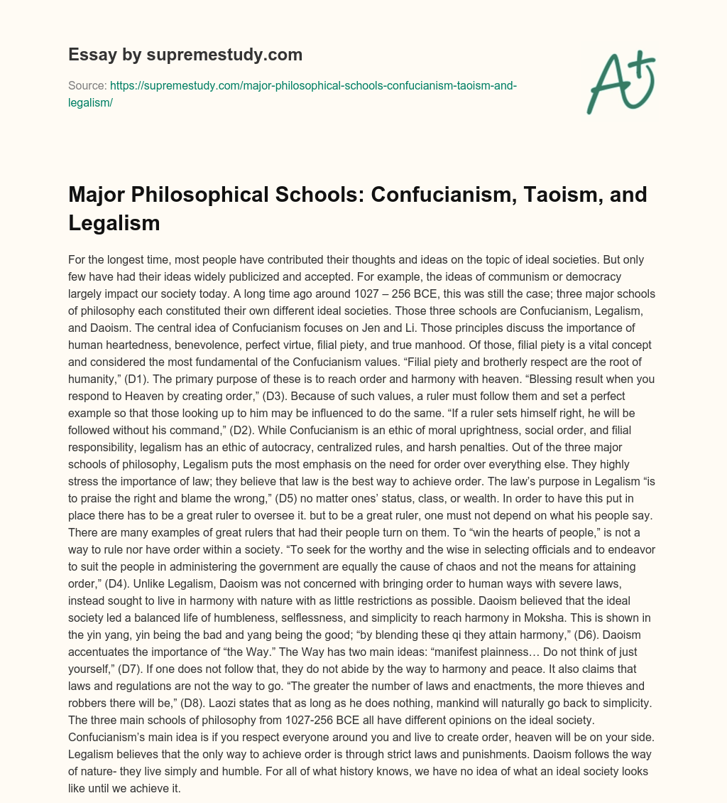 Major Philosophical Schools: Confucianism, Taoism, and Legalism essay