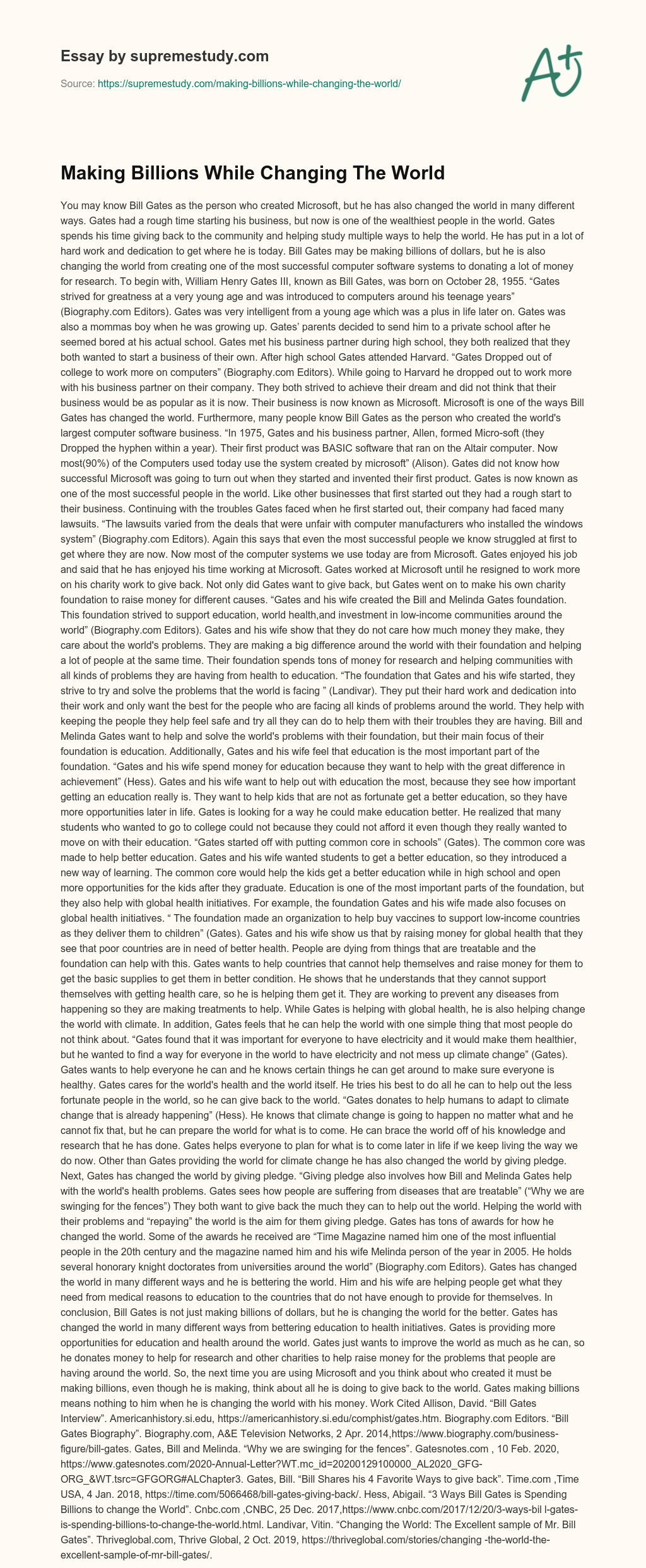 Making Billions While Changing The World essay