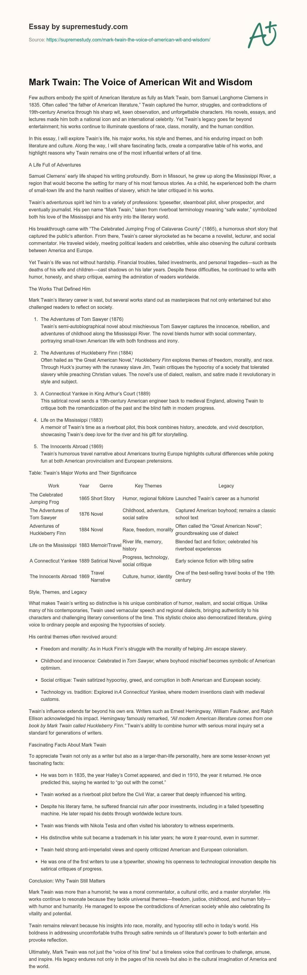 Mark Twain: The Voice of American Wit and Wisdom essay