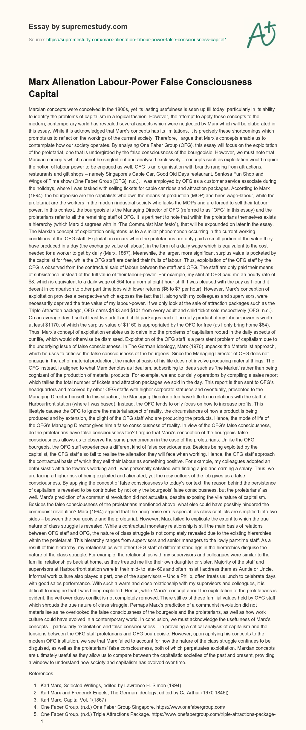 Marx Alienation Labour-Power False Consciousness Capital  essay