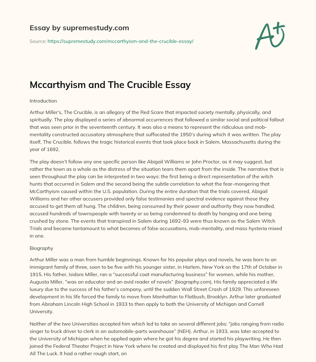 Mccarthyism and The Crucible Essay essay
