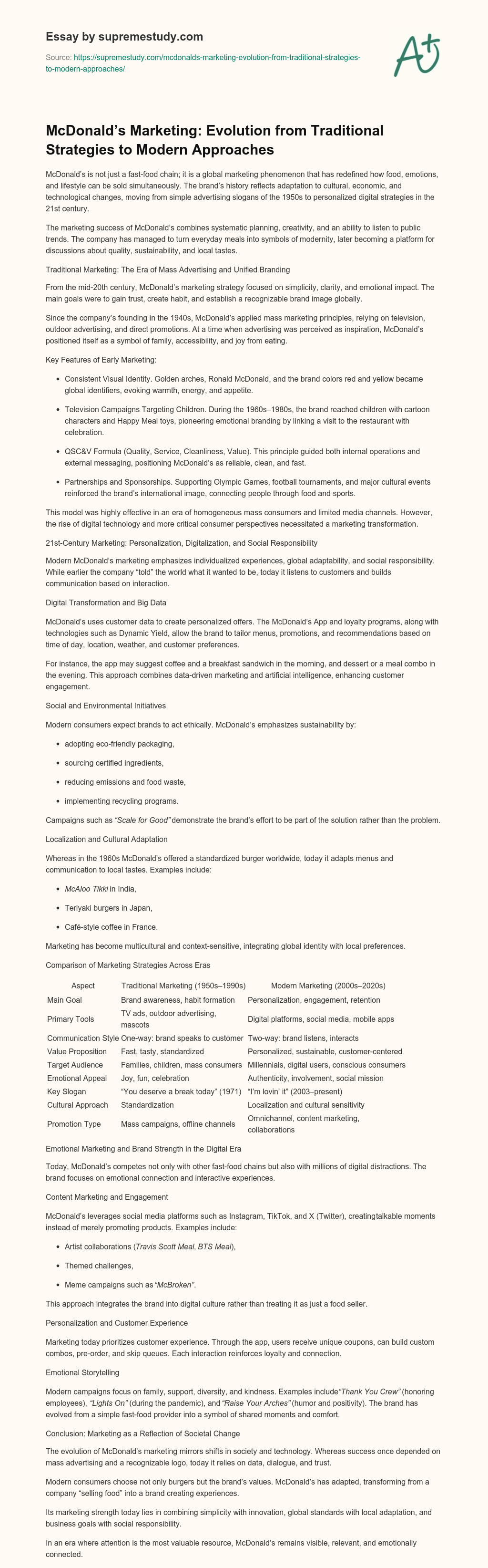 McDonald’s Marketing: Evolution from Traditional Strategies to Modern Approaches essay