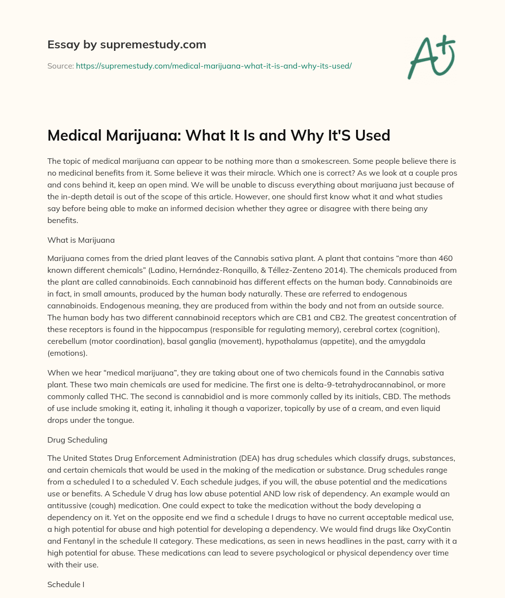 Medical Marijuana: What It Is and Why It’S Used essay