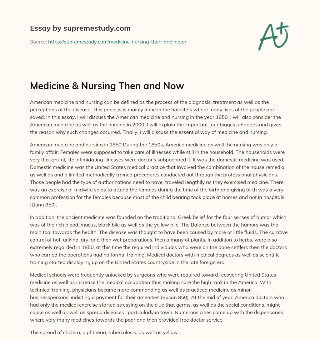 Medicine & Nursing Then and Now essay