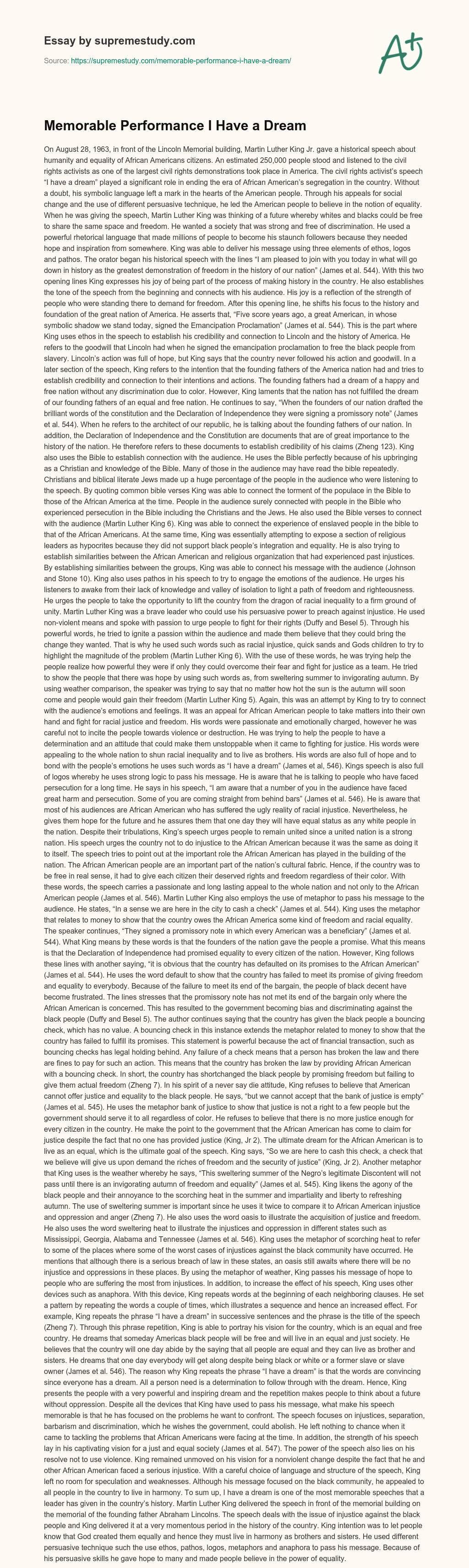 Memorable Performance I Have a Dream essay