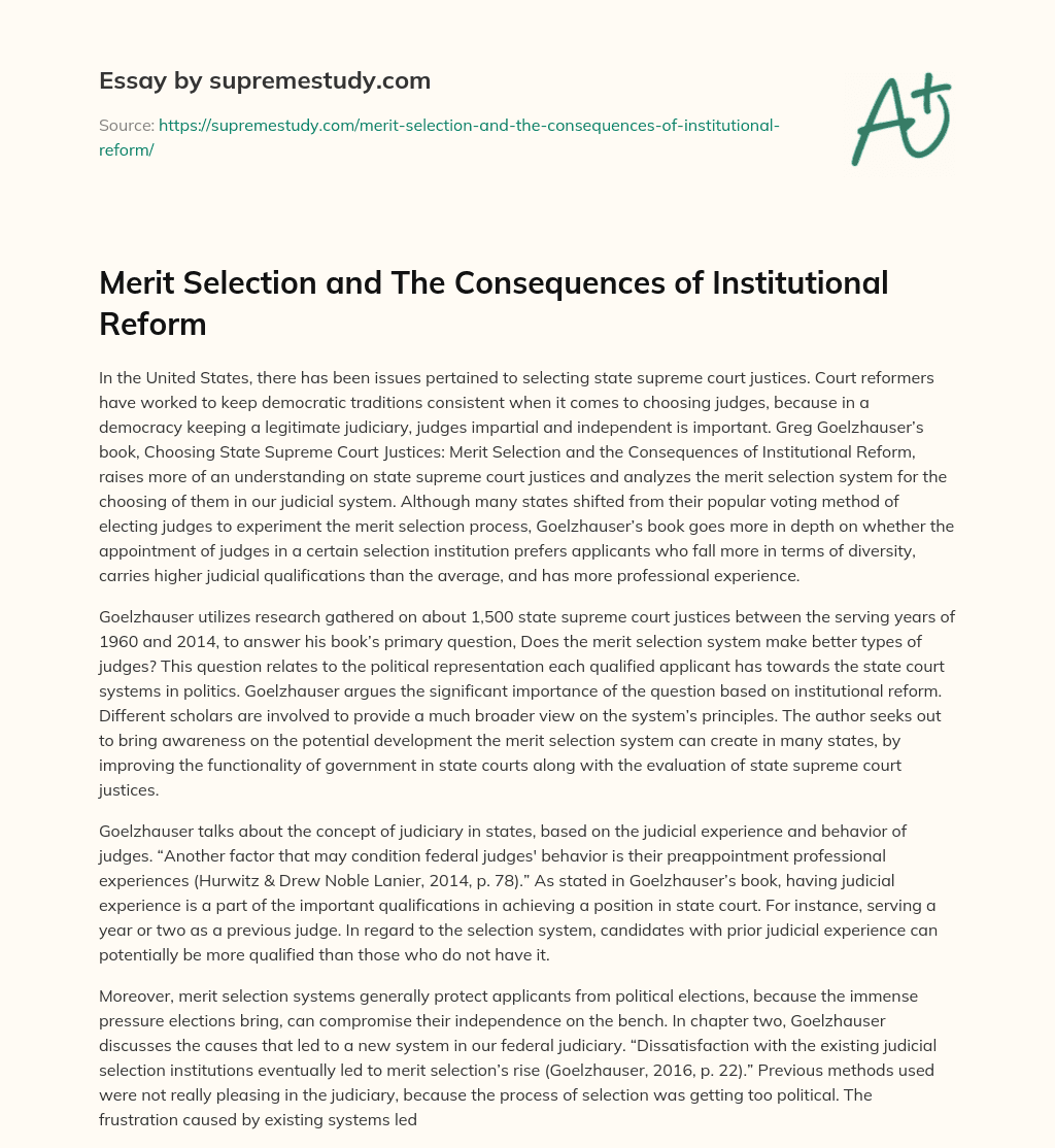 Merit Selection and The Consequences of Institutional Reform essay