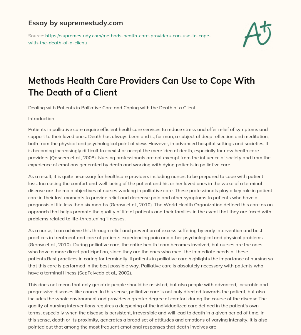 Methods Health Care Providers Can Use to Cope With The Death of a Client essay