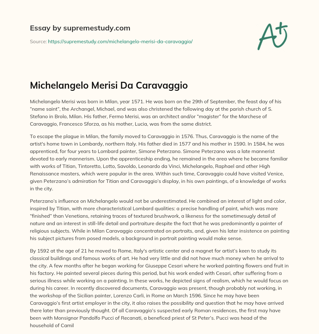 Michelangelo Merisi Da Caravaggio essay