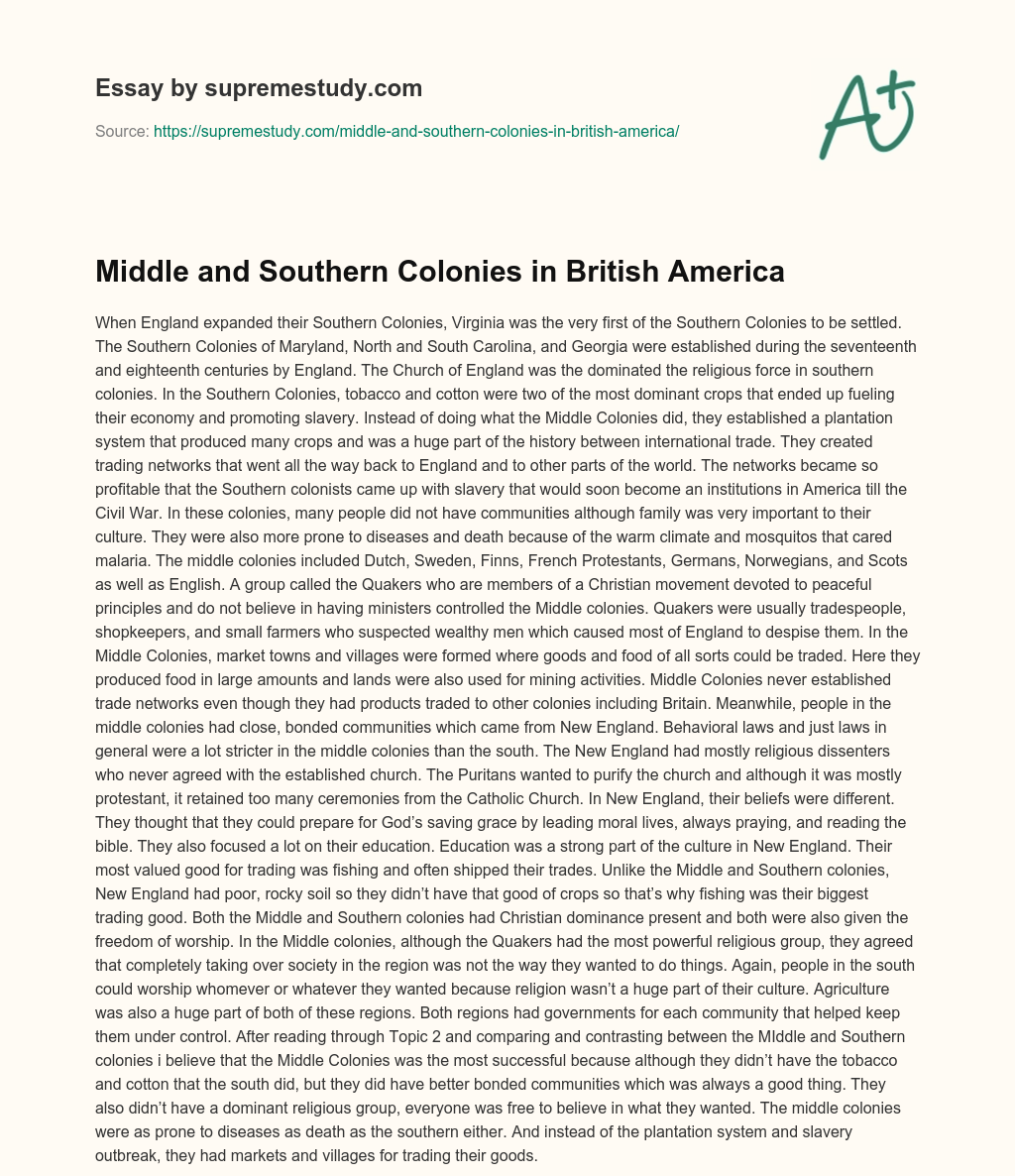 Middle and Southern Colonies in British America  essay
