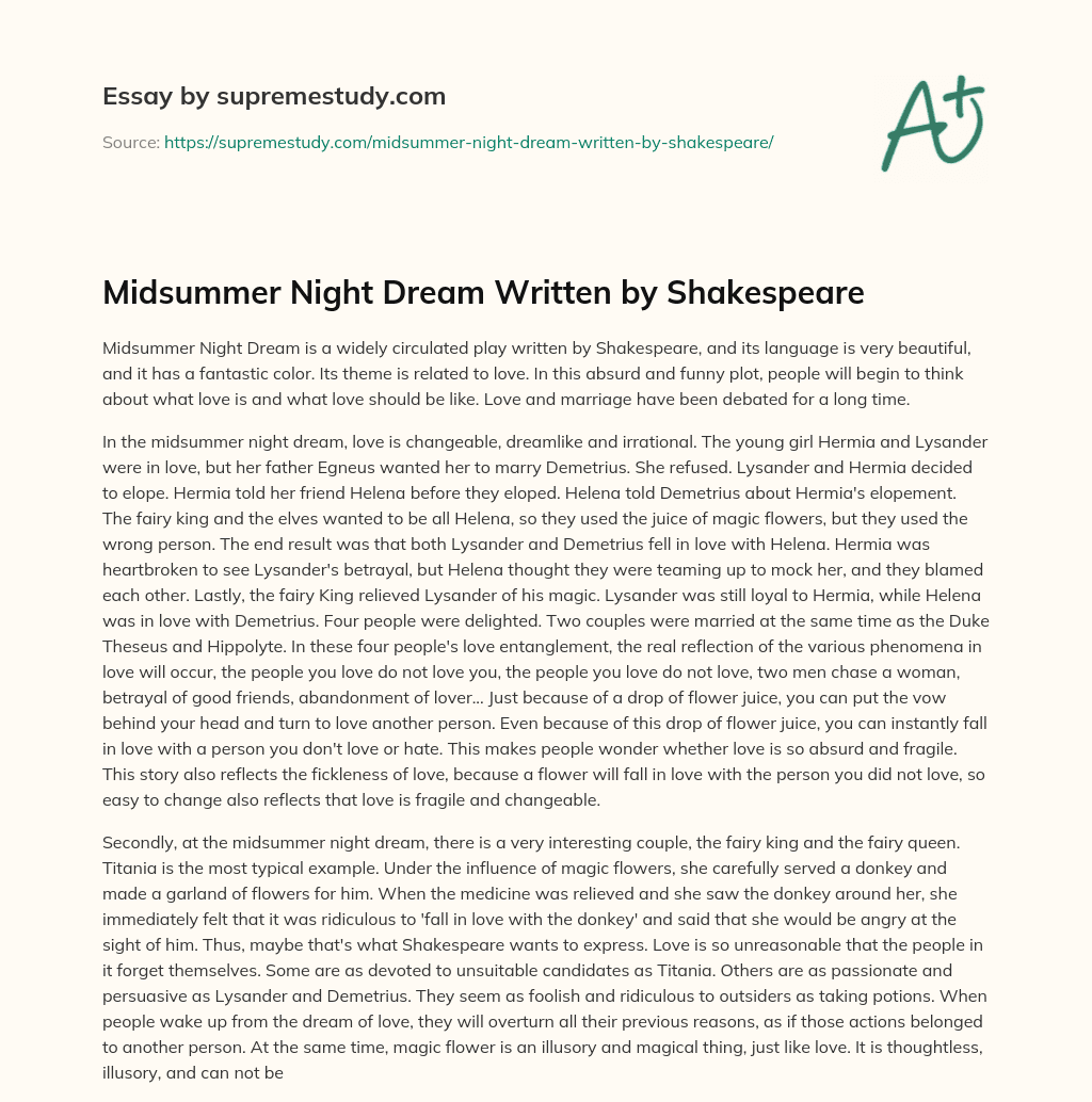 Midsummer Night Dream Written by Shakespeare essay