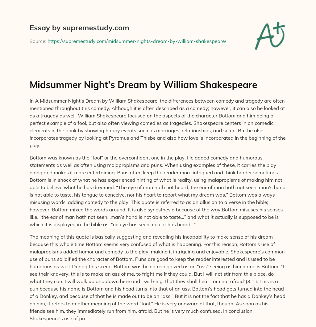 Midsummer Night’s Dream by William Shakespeare essay