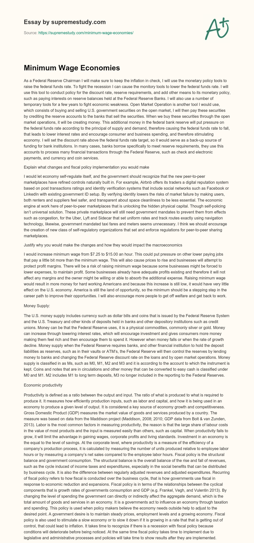 Minimum Wage Economies essay