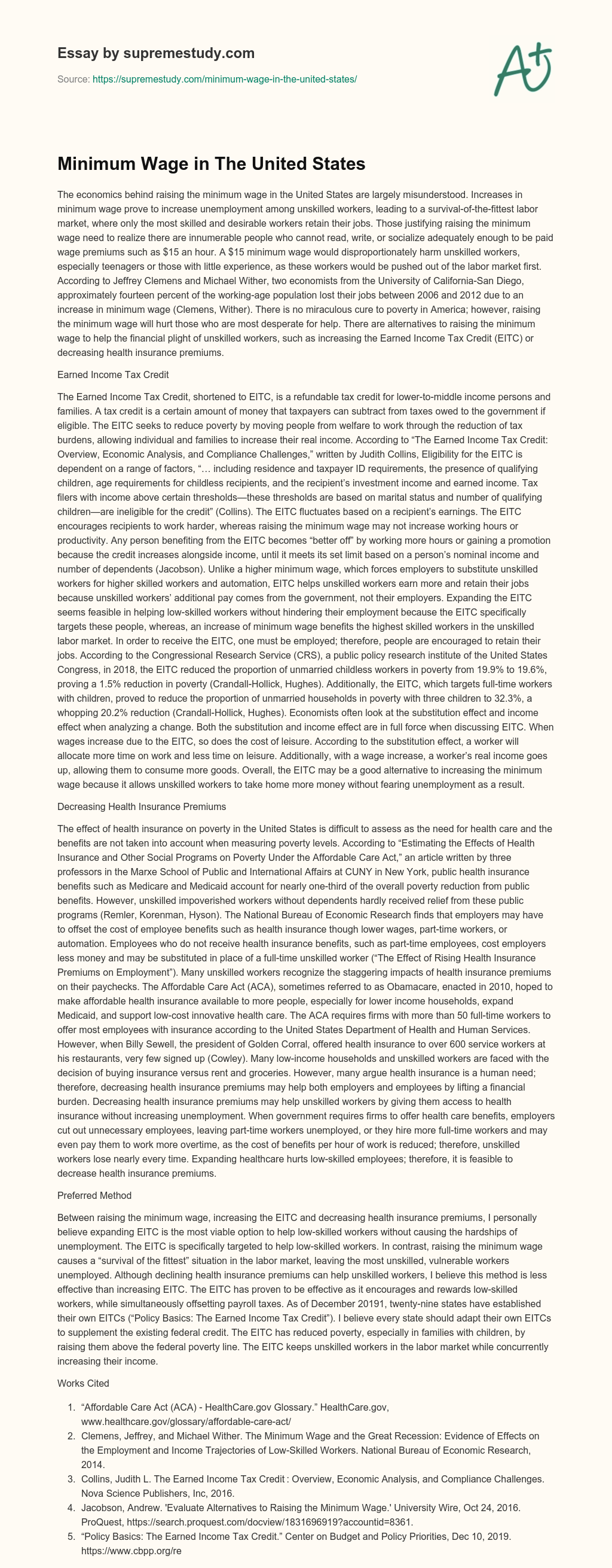 Minimum Wage in The United States essay