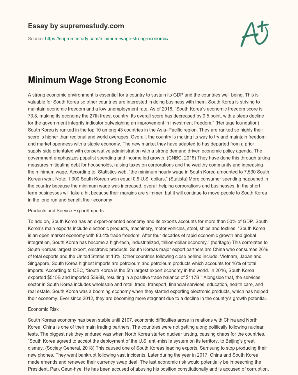 Minimum Wage Strong Economic essay