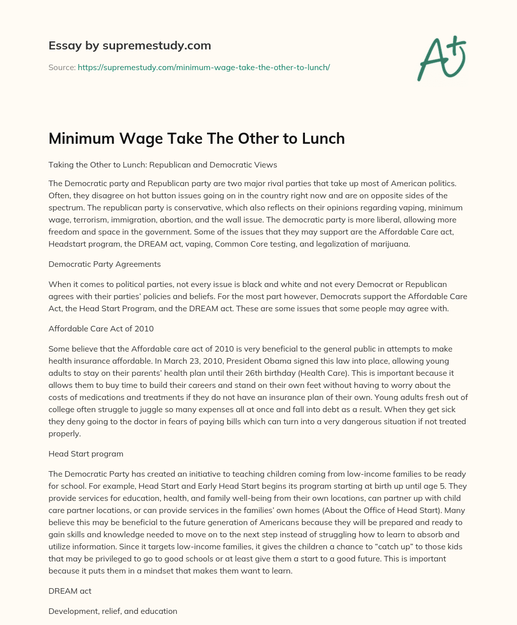 Minimum Wage Take The Other to Lunch essay