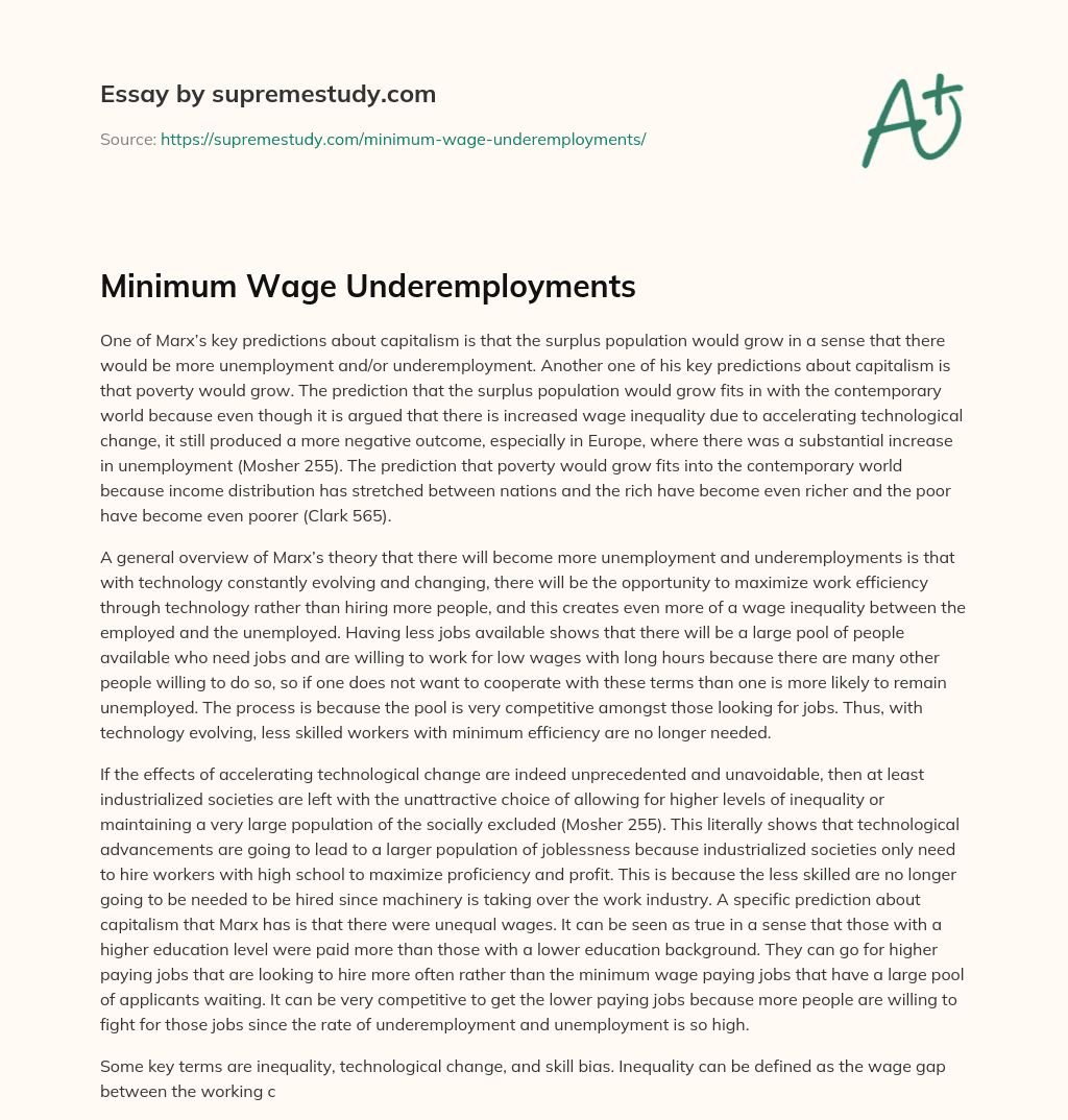 Minimum Wage Underemployments essay