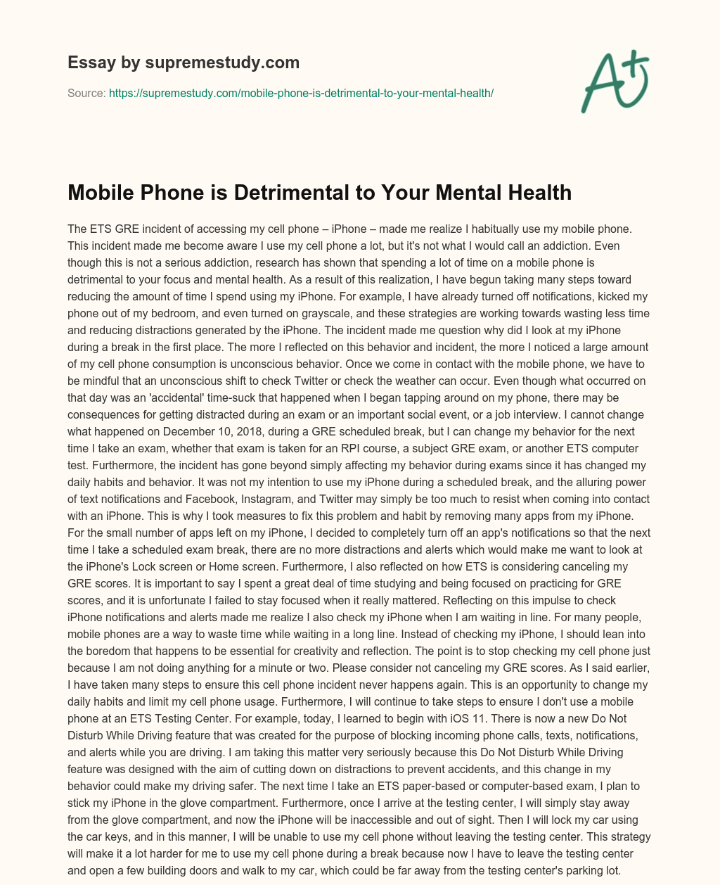 Mobile Phone is Detrimental to Your Mental Health essay
