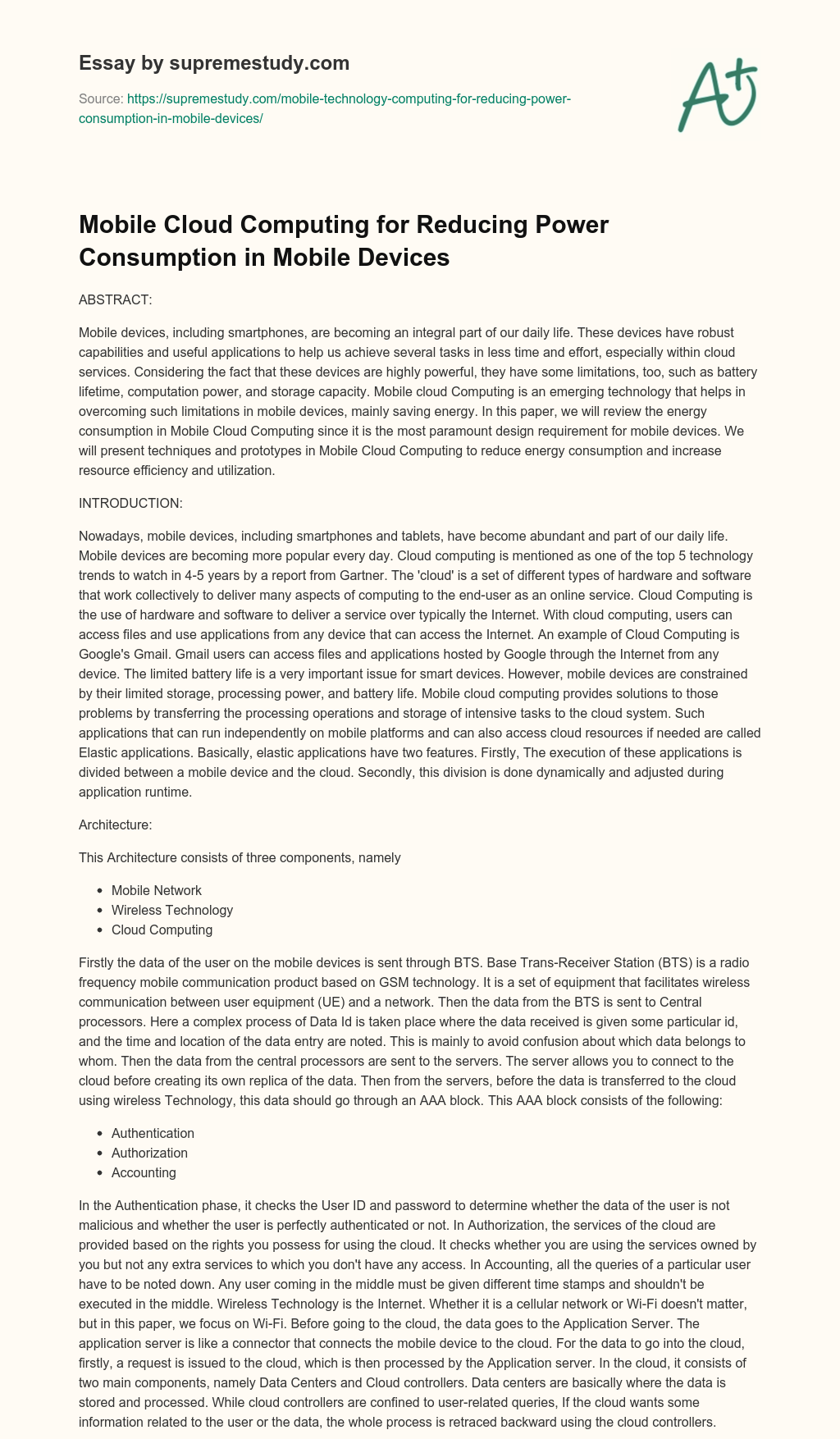 Mobile Cloud Computing for Reducing Power Consumption in Mobile Devices  essay