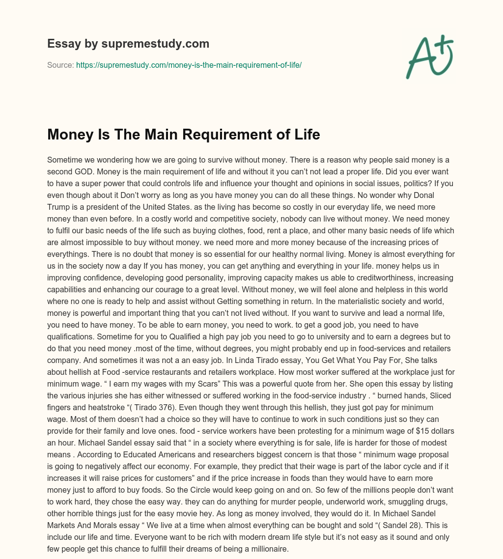Money Is The Main Requirement of Life essay